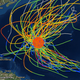 A map showing historical hurricane tracks that have passed within 200 nautical miles of Florence’s location as of 11 a.m. ET on Friday (red circle).